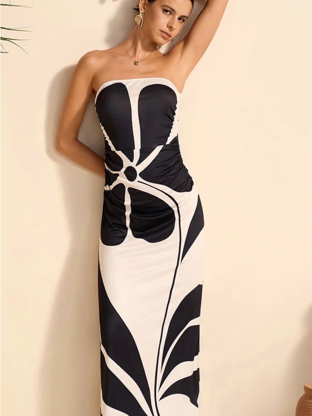 Commense Strapless Black & White Graphic Floral Maxi